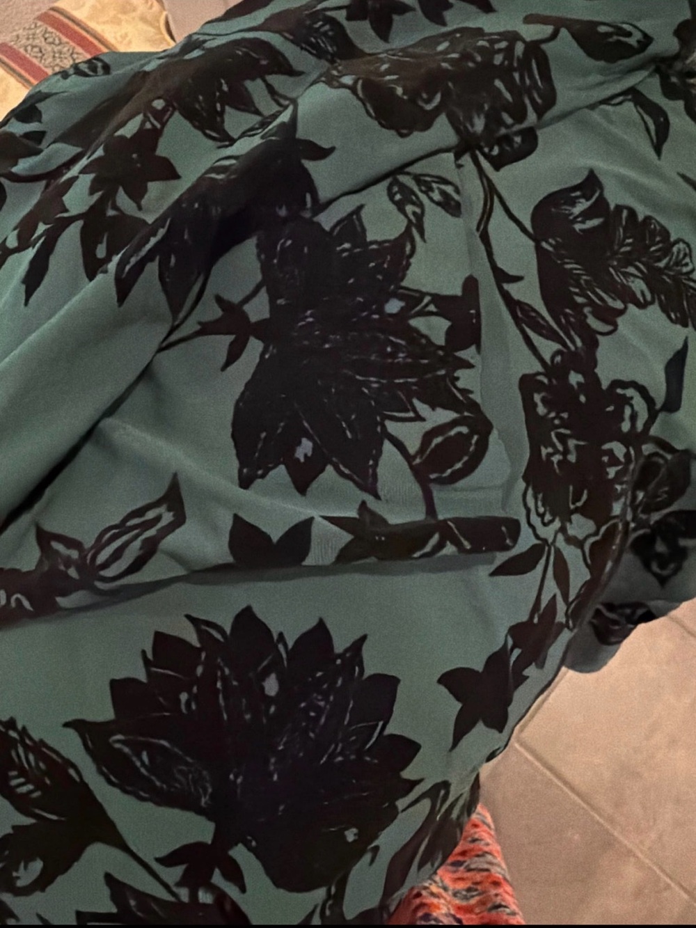 Green Floral Print ITY knit fabric with Black velvet Bloom Pattern